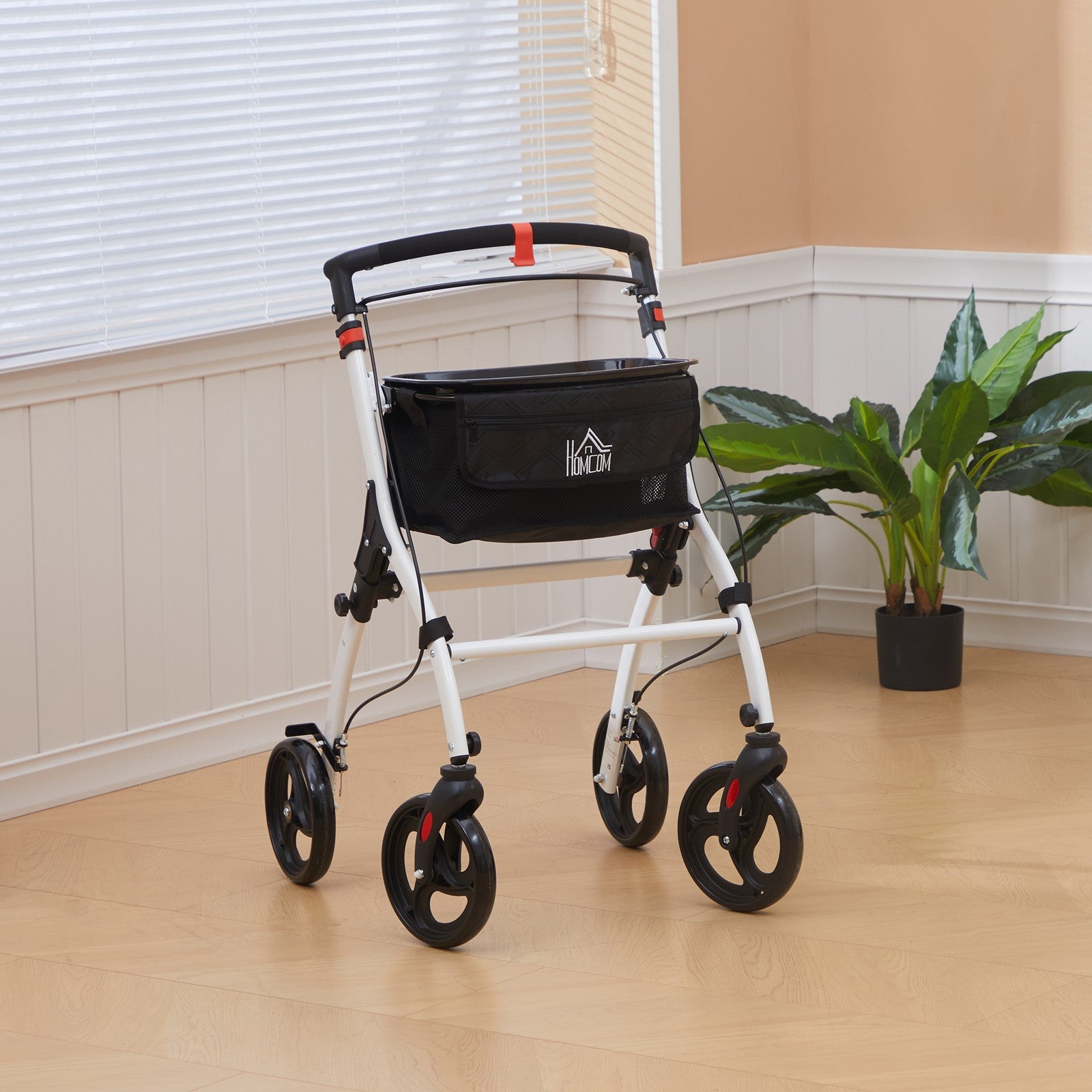 Folding Rollator Walker with Bag, Tray, Adjustable Height, for Seniors, White