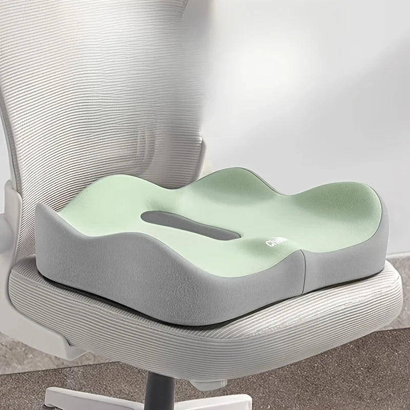 1Pc Ergonomic Seat Cushion - 3-Zone Memory Foam Support, Tructured Base, Light Green/Grey for Office/Car/Wheelchair Use