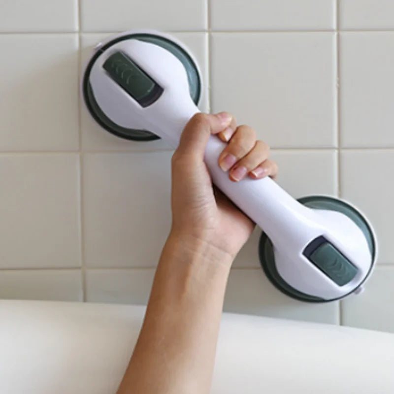 Suction cup bathroom grab bar for smooth, non-porous surfaces