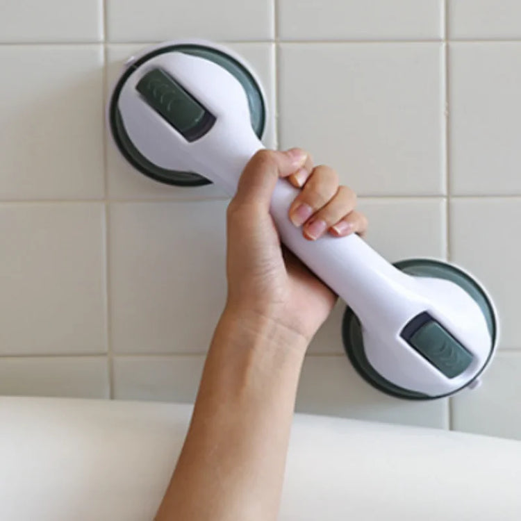 Suction cup bathroom grab bar for smooth, non-porous surfaces