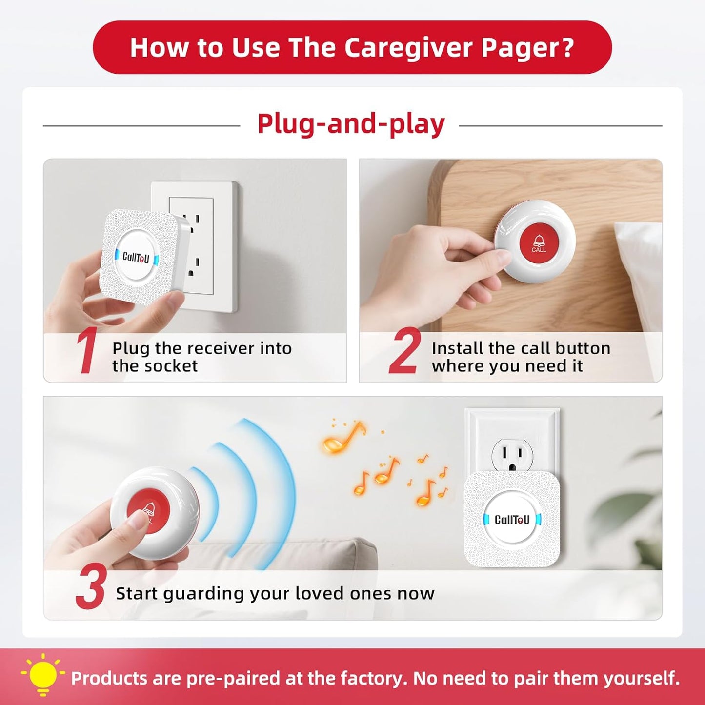 Wireless Personal Alarms for Elderly Call Button Panic Alarm 500Ft Nurse Call Bell Patient SOS System for Home/Personal Caregiver Pager with 1 UK Plug-In Receiver 2 Waterproof Buttons