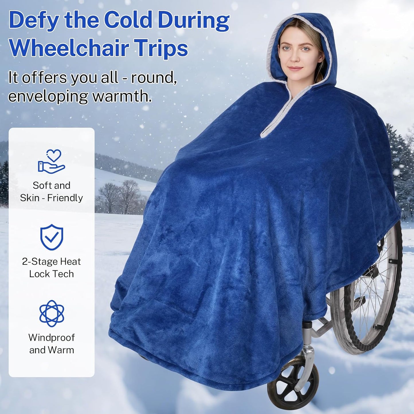 Wheelchair Windproof and Warmth，Hooded, Zipped with 2 Pockets, Double - Layer Soft Fleece,Soft & Skin - Friendly,Perfect for Keeping Wheelchair Users Cozy