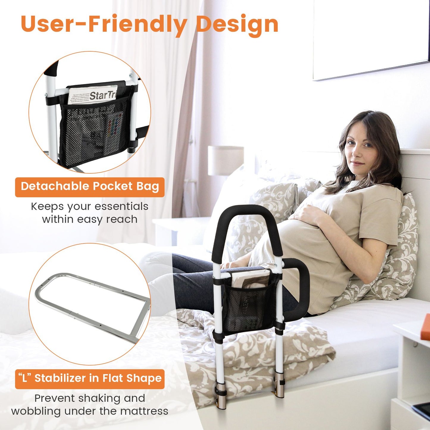 Bed Rail with Dual Handrail for Elderly Adults Support up to 300 LBS