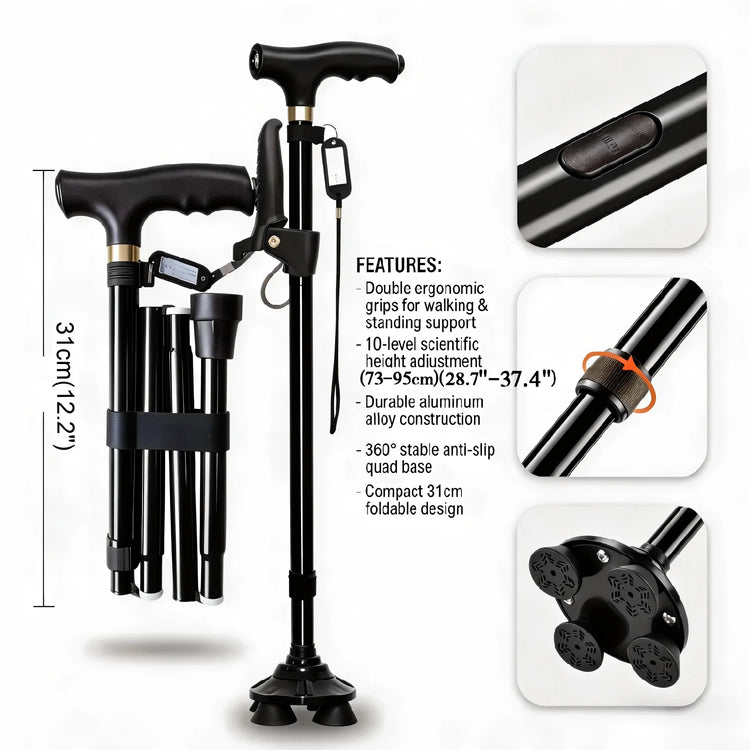 Walking Cane for Seniors - Adjustable Double Handle, 10-Height Quad Cane with Shock Absorption, Lightweight Mobility Aid