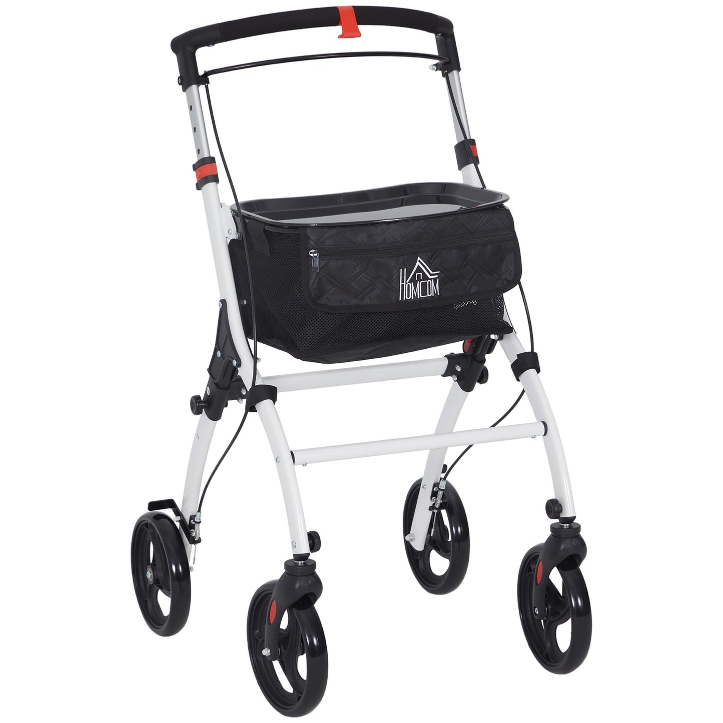 Folding Rollator Walker with Bag, Tray, Adjustable Height, for Seniors, White