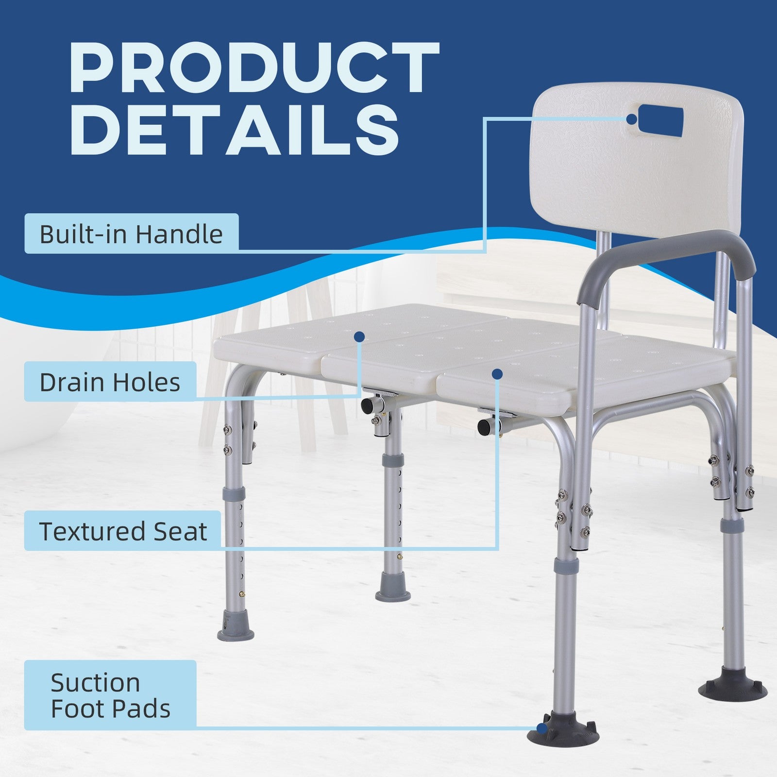 Non Slip Bath Transfer Bench for Elderly with Adjustable Height 300Lbs Capacity