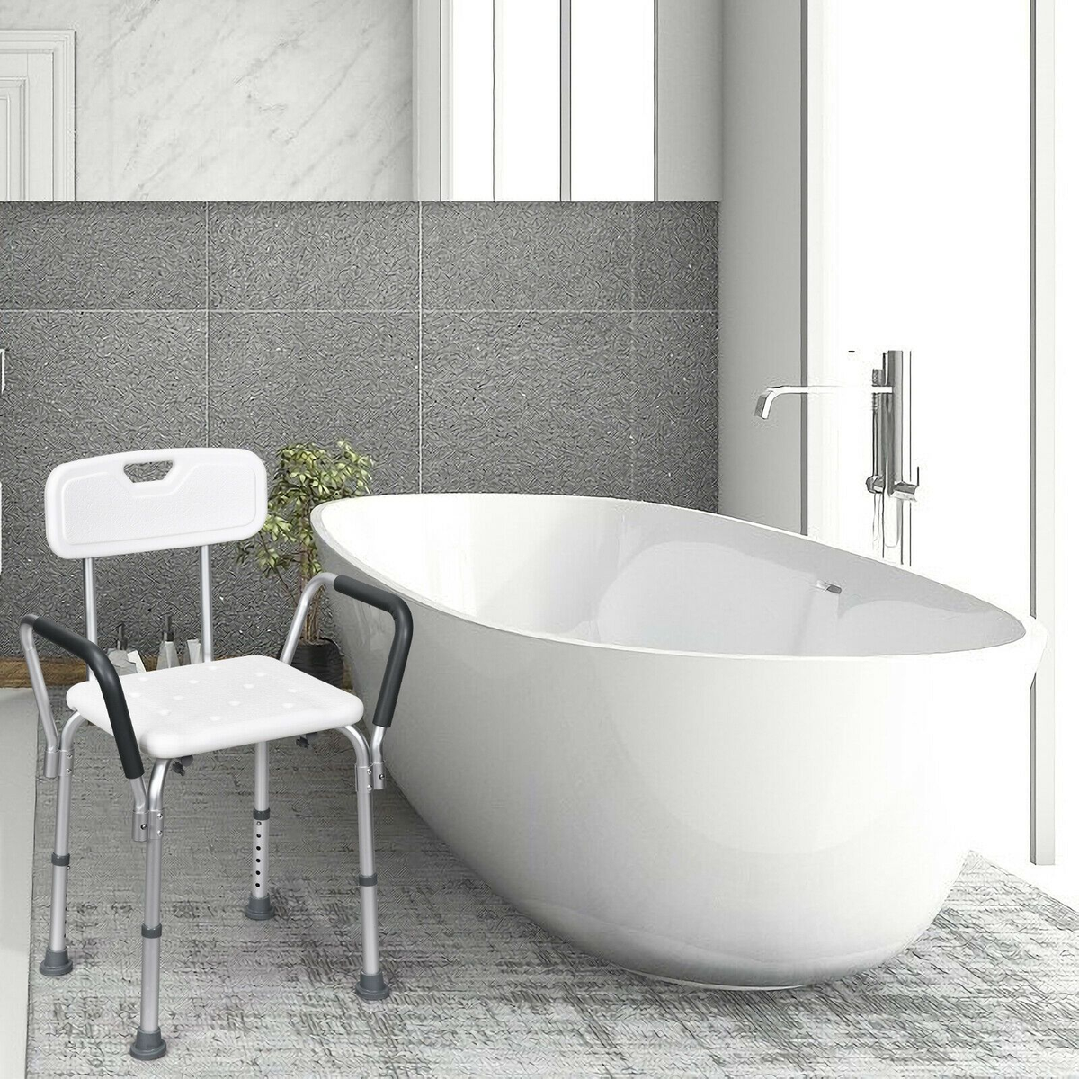 Adjustable bath and shower chair with removable back and armrests