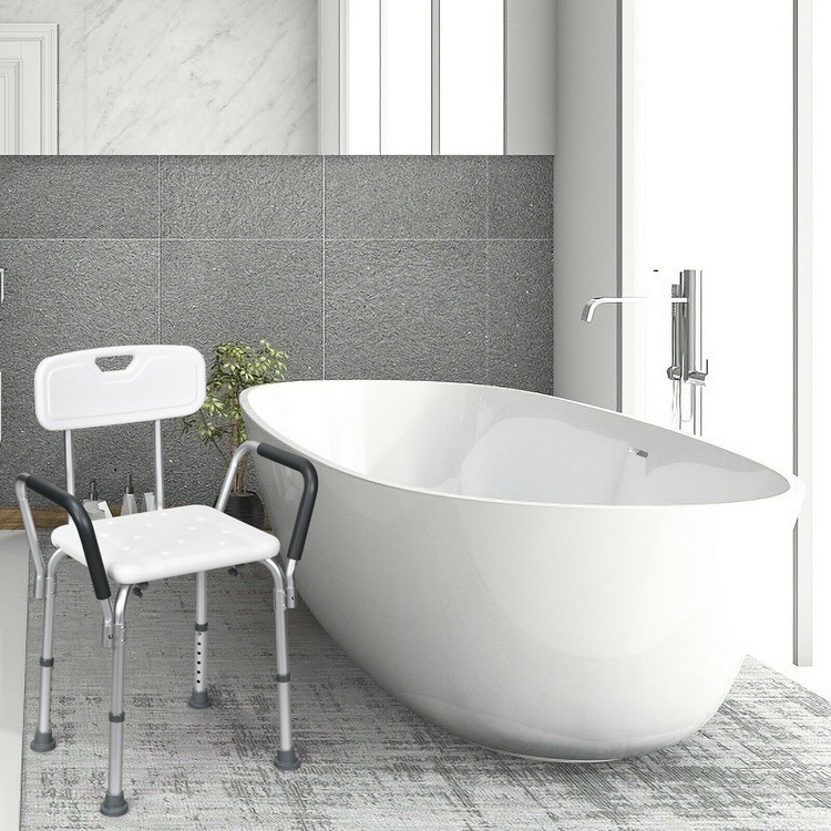 Adjustable bath and shower chair with removable back and armrests