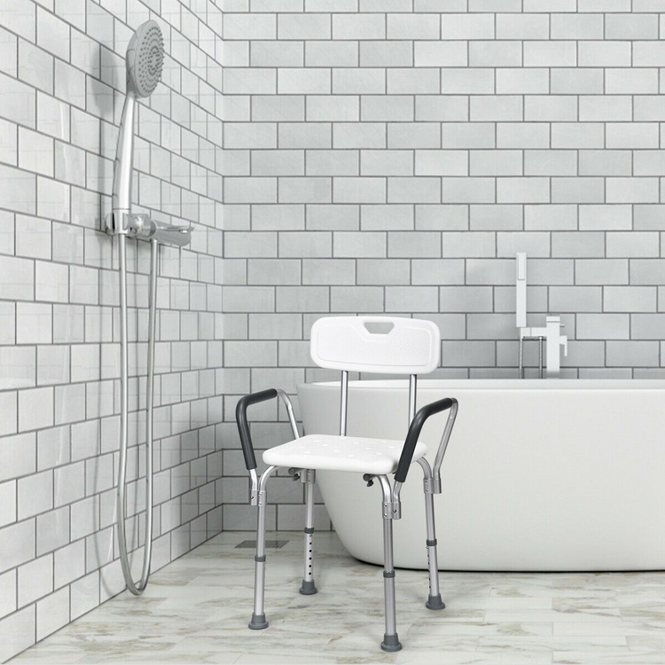 Adjustable bath and shower chair with removable back and armrests