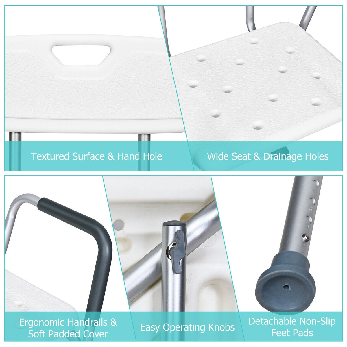 Adjustable bath and shower chair with removable back and armrests