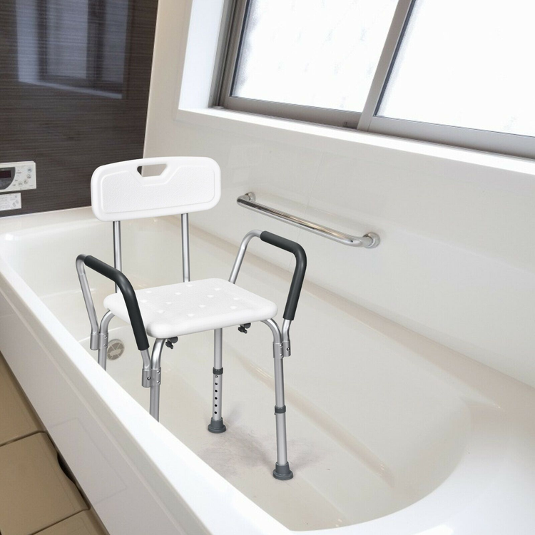 Adjustable bath and shower chair with removable back and armrests