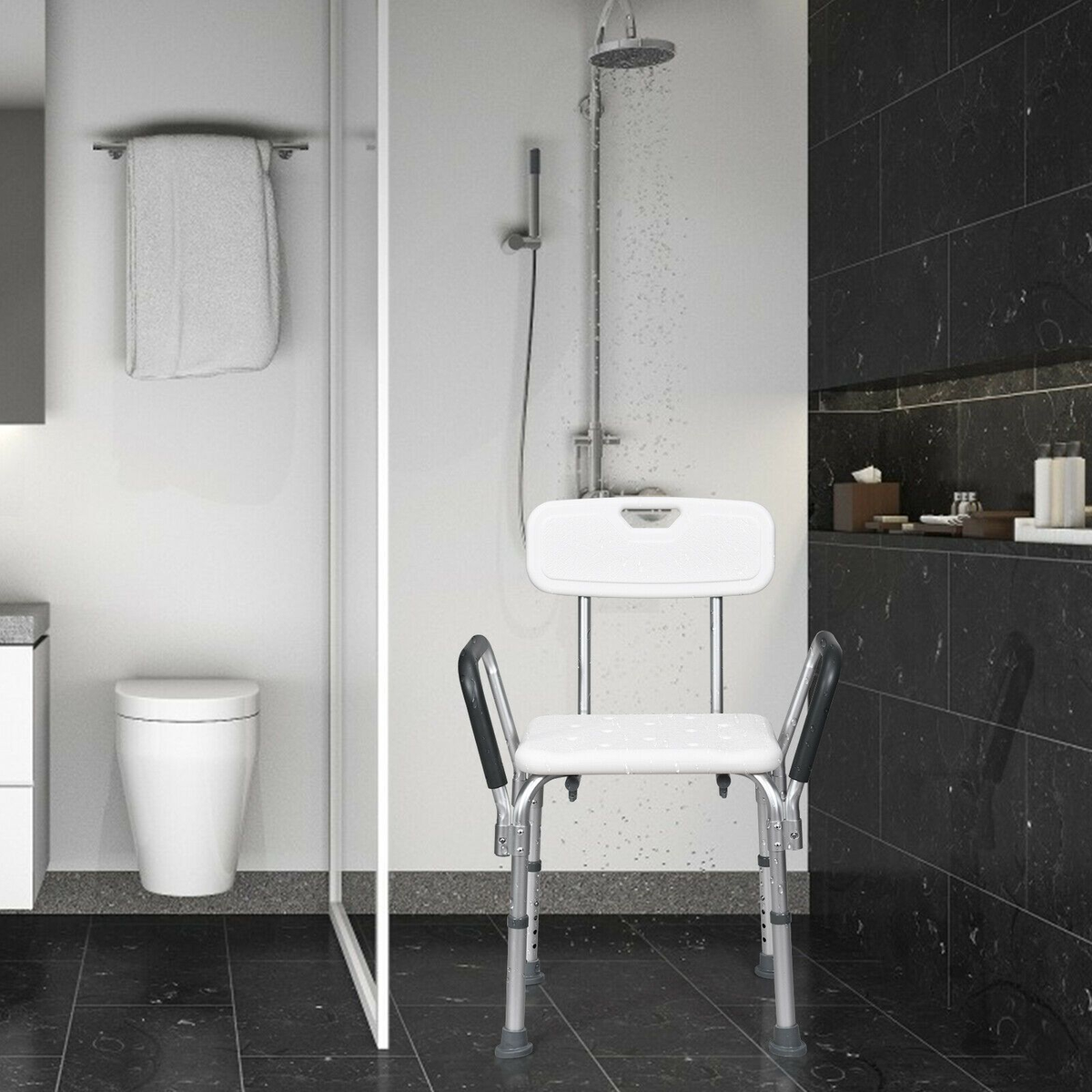 Adjustable bath and shower chair with removable back and armrests