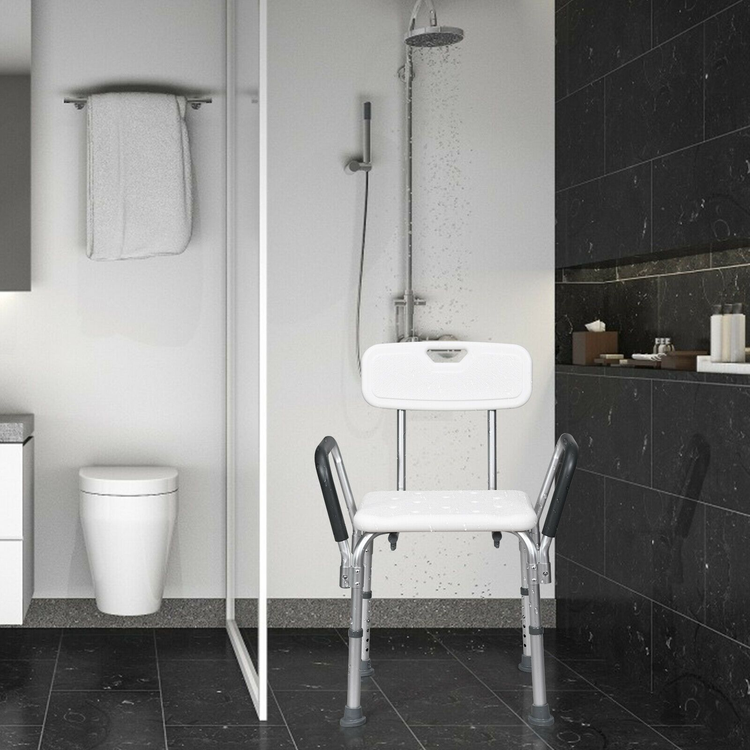 Adjustable bath and shower chair with removable back and armrests