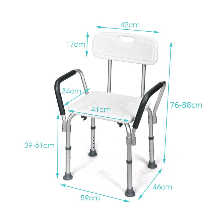 Adjustable bath and shower chair with removable back and armrests