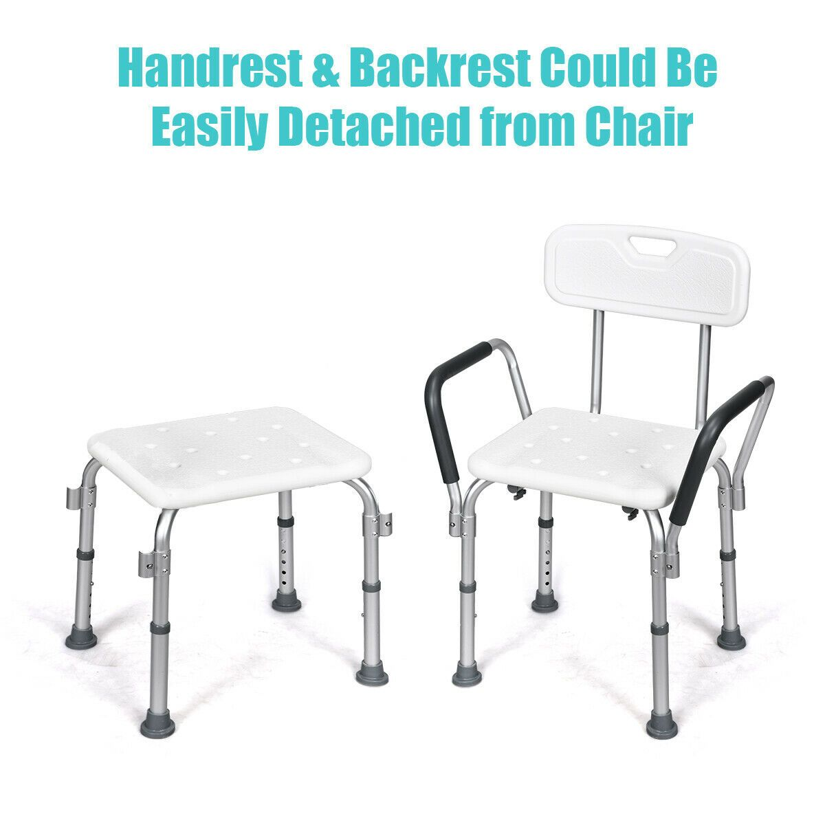 Adjustable bath and shower chair with removable back and armrests