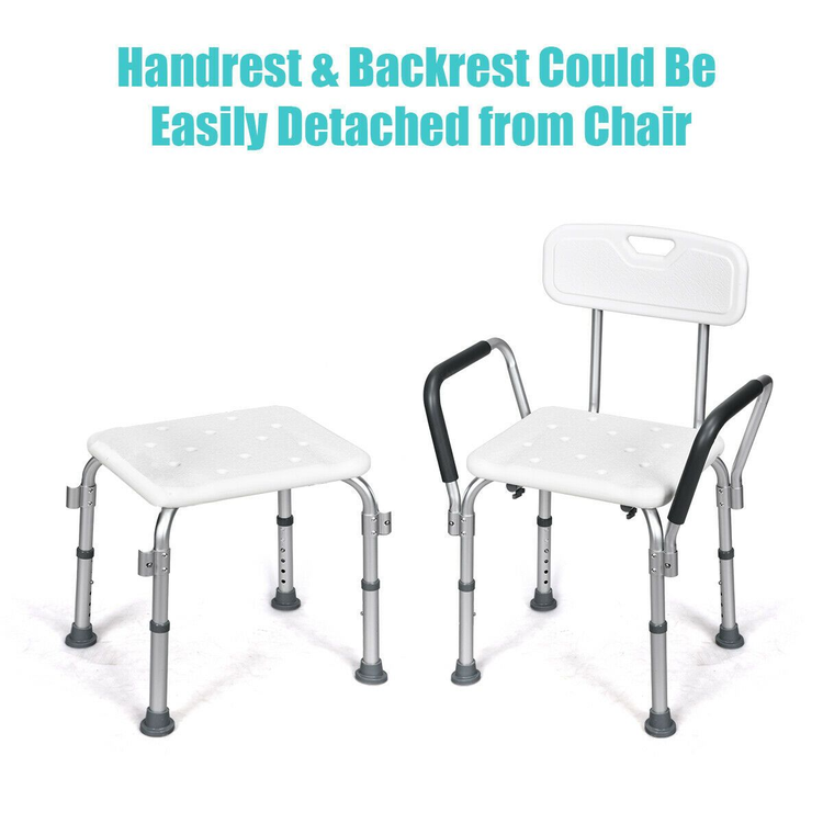 Adjustable bath and shower chair with removable back and armrests