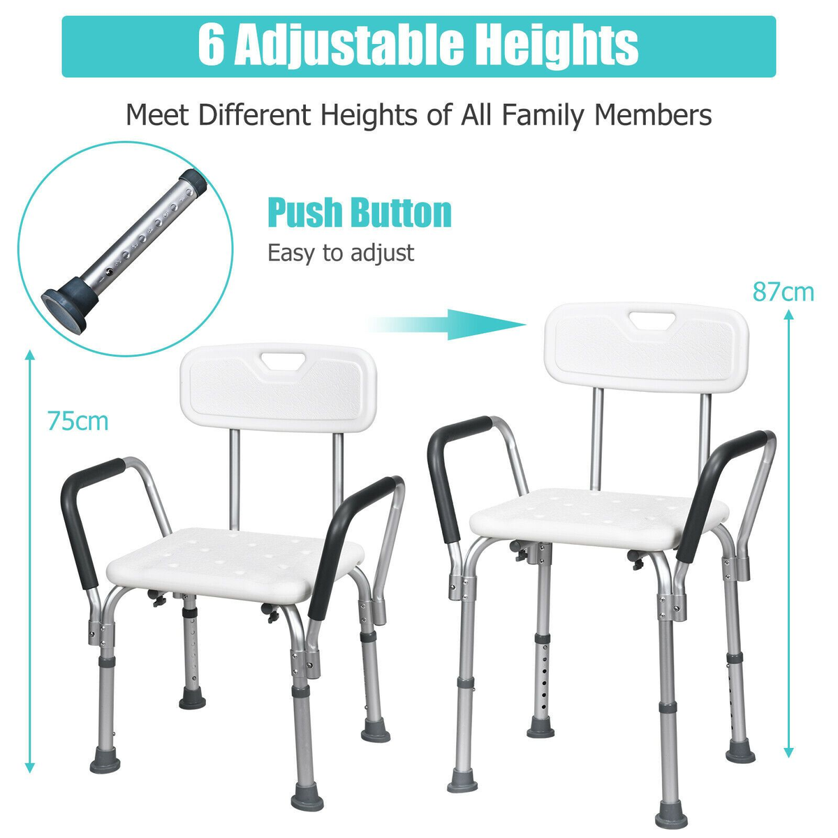 Adjustable bath and shower chair with removable back and armrests