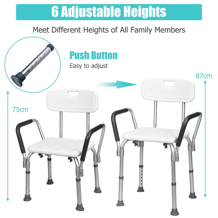 Adjustable bath and shower chair with removable back and armrests