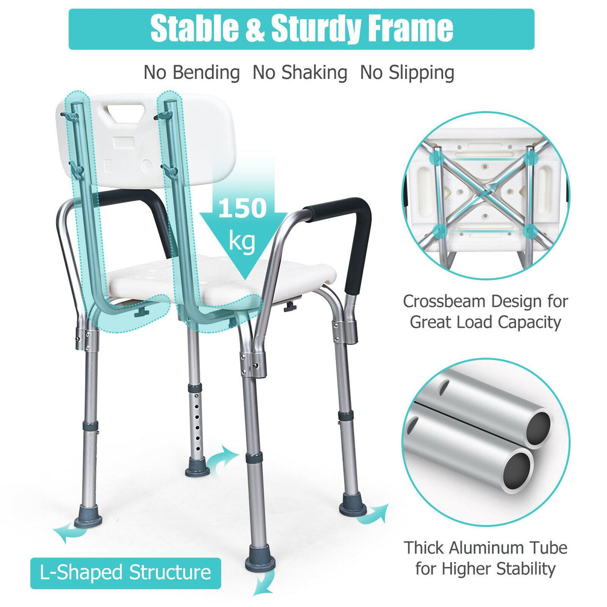 Adjustable bath and shower chair with removable back and armrests