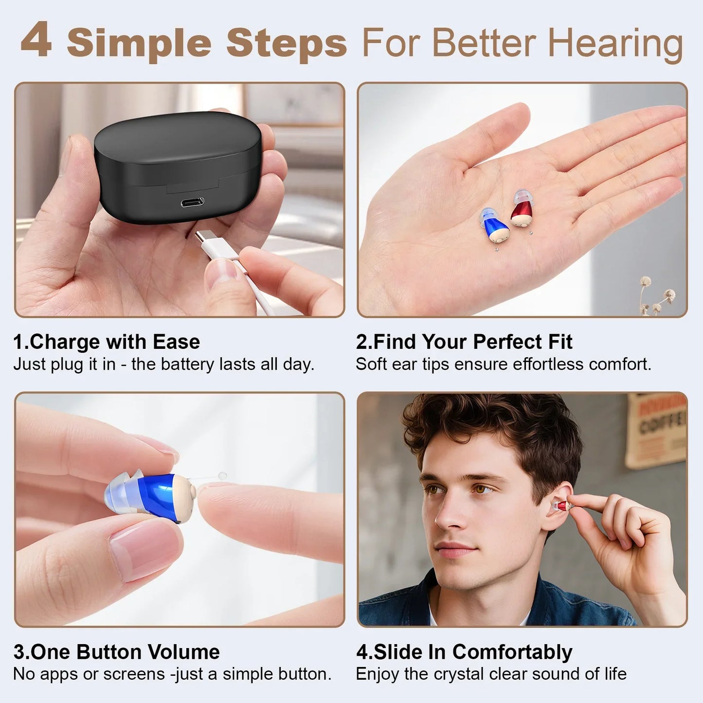Rechargeable Hearing Amplifier Earbuds — Digital Sound Enhancement with Noise Reduction