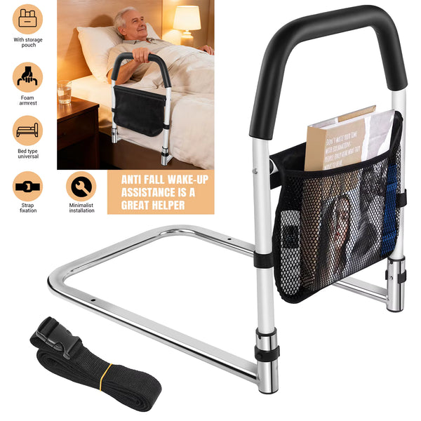 Bed assist rail with storage bag