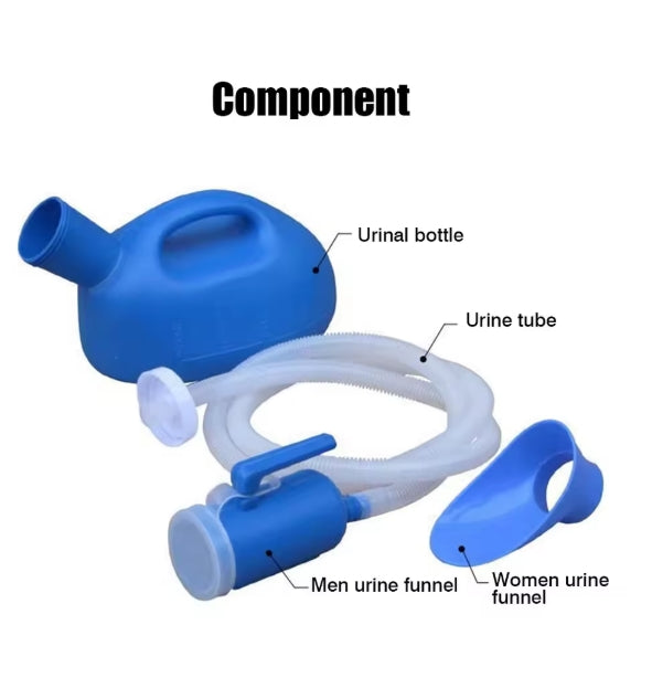 Portable urinal components: blue bottle, extension hose and two differently shaped funnel attachments.