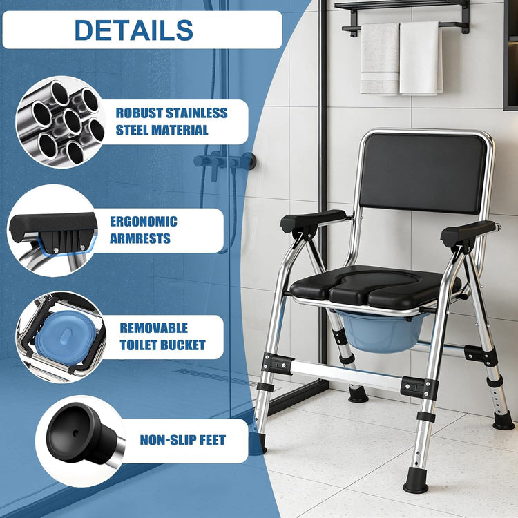 Bedside Commode Toilet Chair, Folding, Padded, Height Adjustable