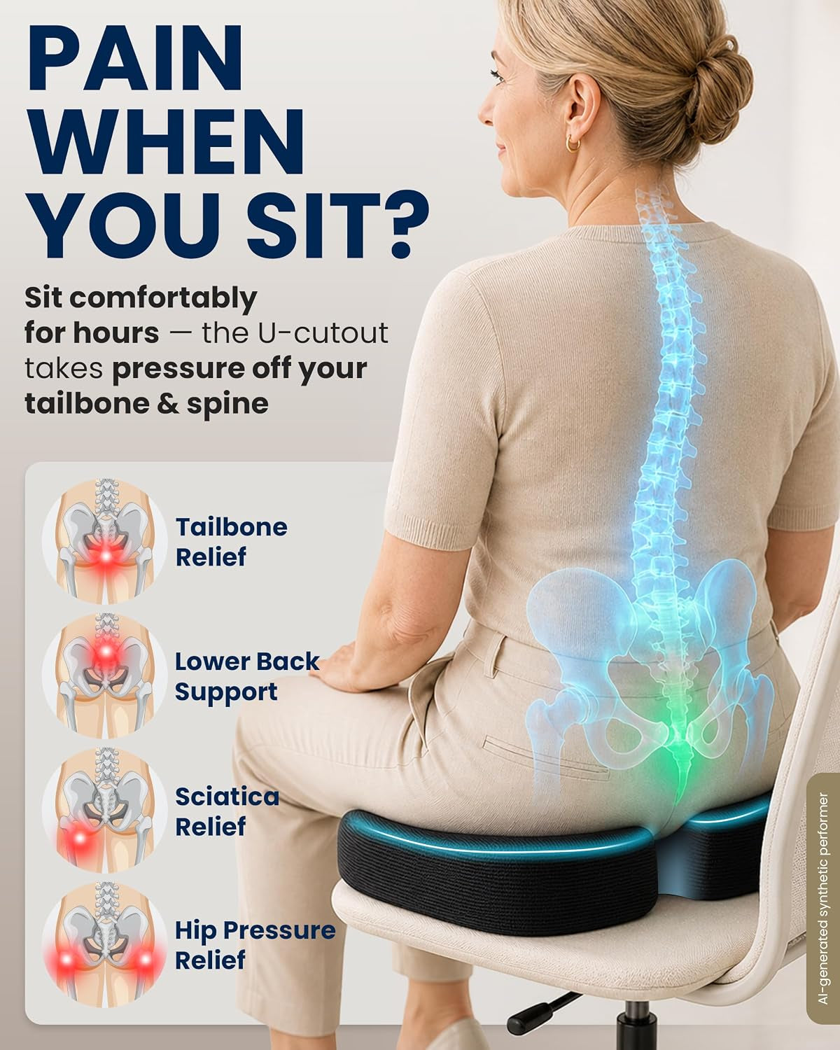 Ergonomic Seat Cushion – Memory Foam Comfort for Tailbone, Hip & Coccyx Sitting Support – Office Chair, Car, Desk, Wheelchair & Gaming – Black