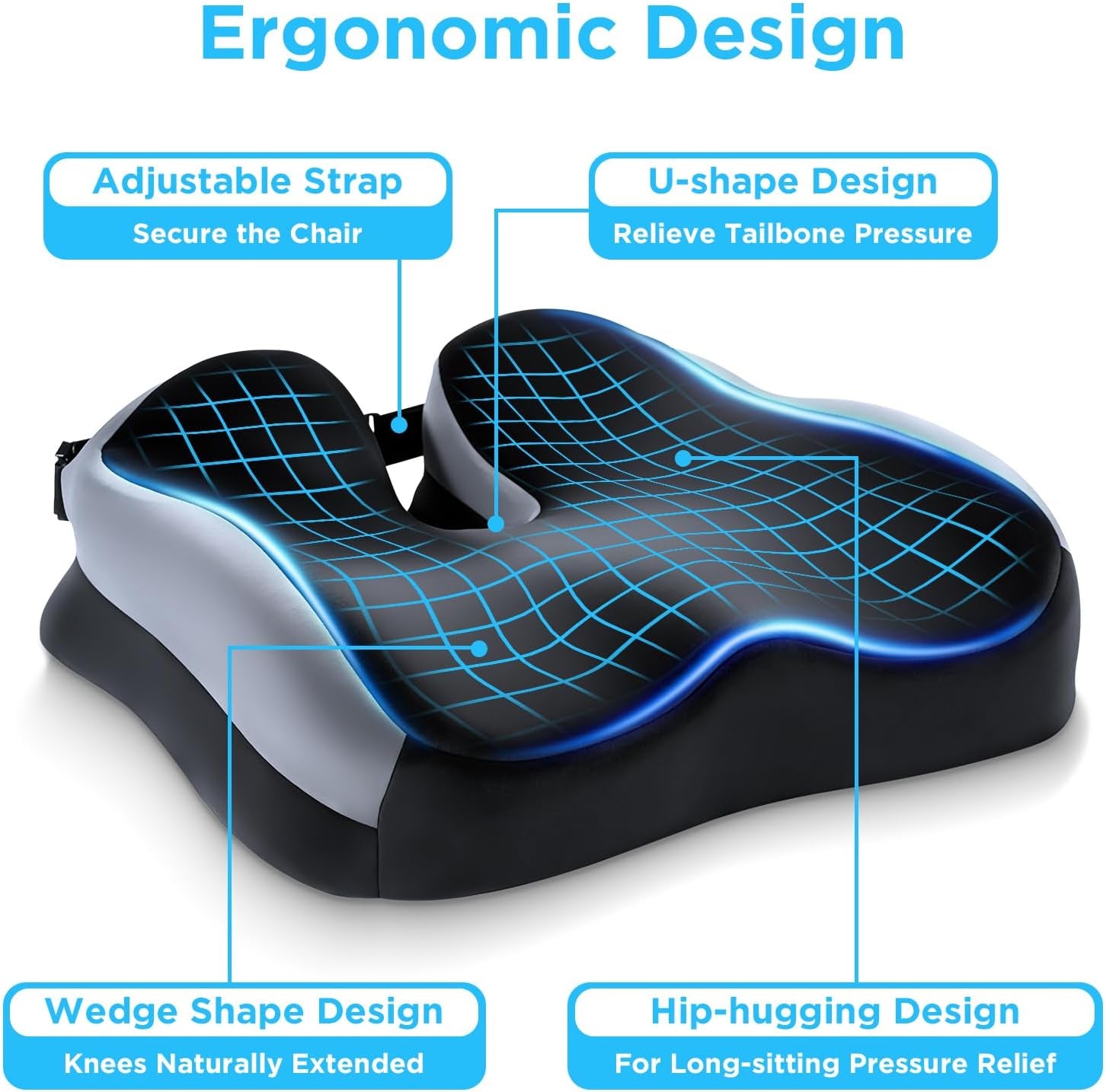 Seat Cushions for Tailbone Sciatica Pain Relief,Coccyx Cushion Orthopedic Memory Foam Seat Non-Slip Base&Locking Buckles,Ergonomic Hip Back Support for Office Chair,Car Driving