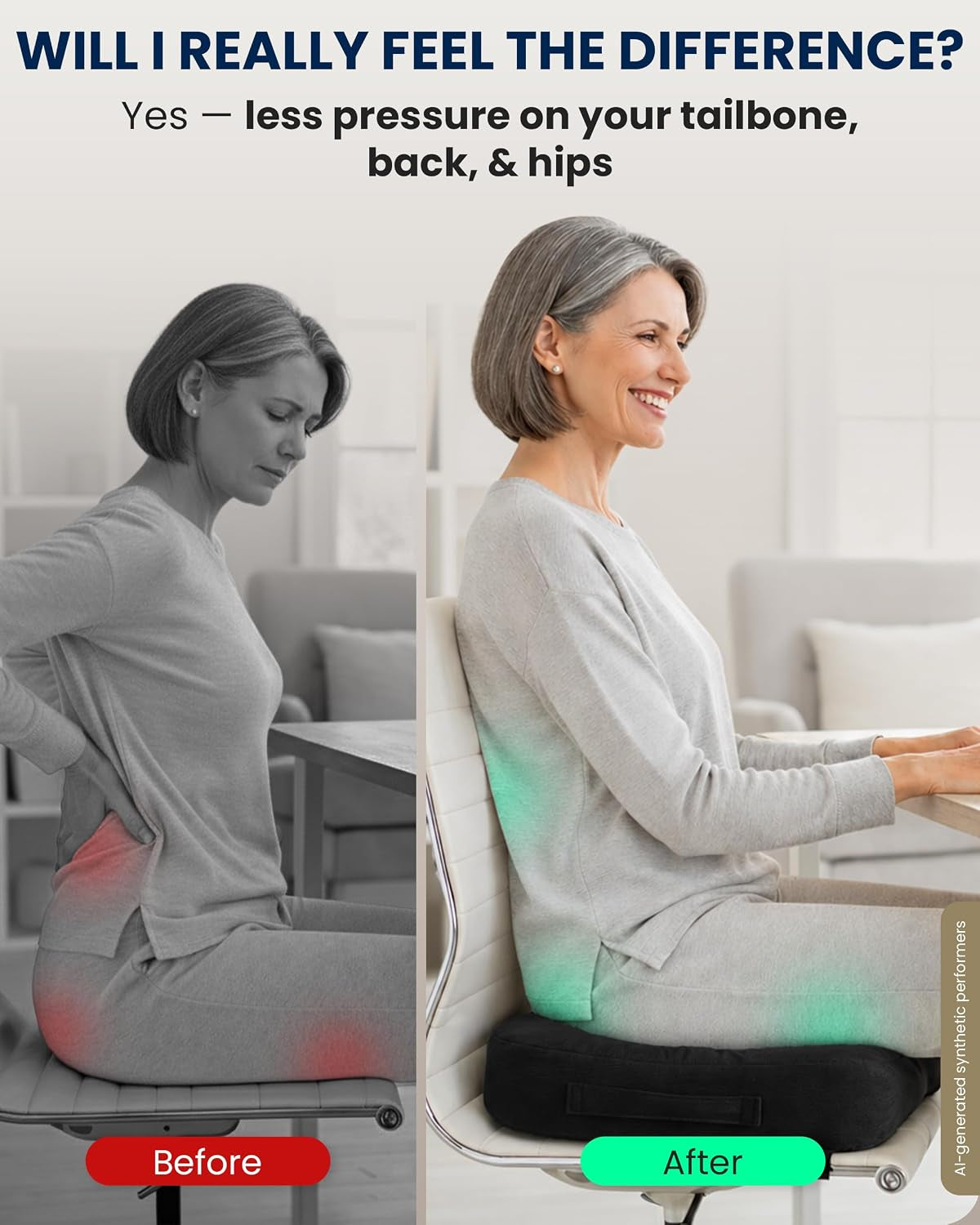Ergonomic Seat Cushion – Memory Foam Comfort for Tailbone, Hip & Coccyx Sitting Support – Office Chair, Car, Desk, Wheelchair & Gaming – Black
