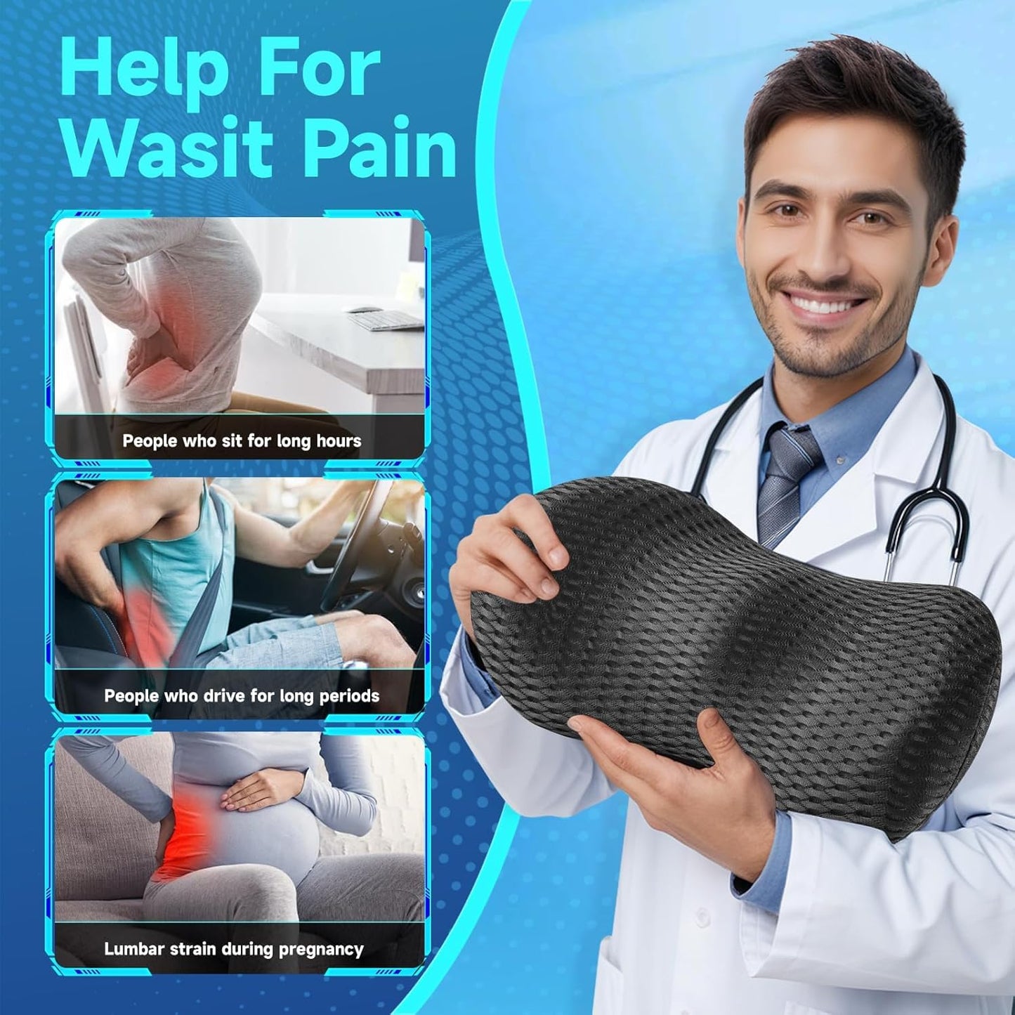 Lumbar Support Pillow for Office Chair, Car Lumbar Pillow, Memory Foam Back Support Cushion with Breathable 3D Mesh Back Support for Office Chair Back Support Backrest 3D-Small