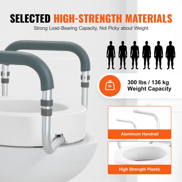 Succebuy Raised Toilet Seat 3.5" Height Raised 300 Lbs Weight Capacity for Standard round Toilet Aluminum Handrail