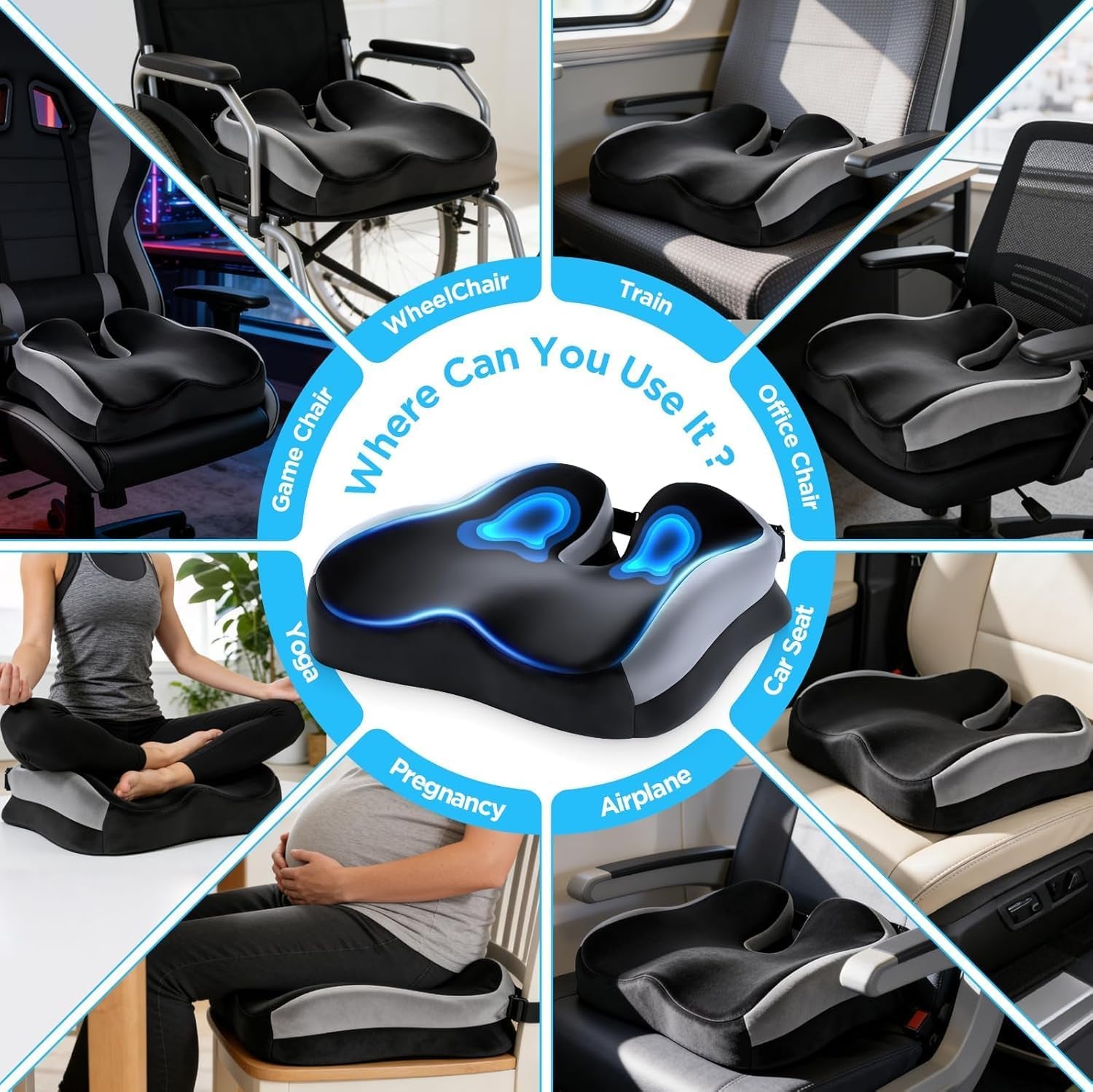 Seat Cushions for Tailbone Sciatica Pain Relief,Coccyx Cushion Orthopedic Memory Foam Seat Non-Slip Base&Locking Buckles,Ergonomic Hip Back Support for Office Chair,Car Driving