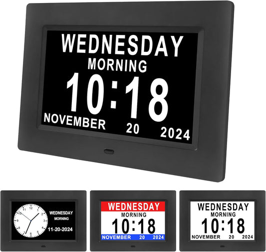 7'' Dementia Clocks with 12 Alarm Options, Digital Clock with Date and Day for Elderly,Large Clear Digits,Auto-Dim, 4 Diaplay, Digital Calendar Day Clock for Seniors (Black)
