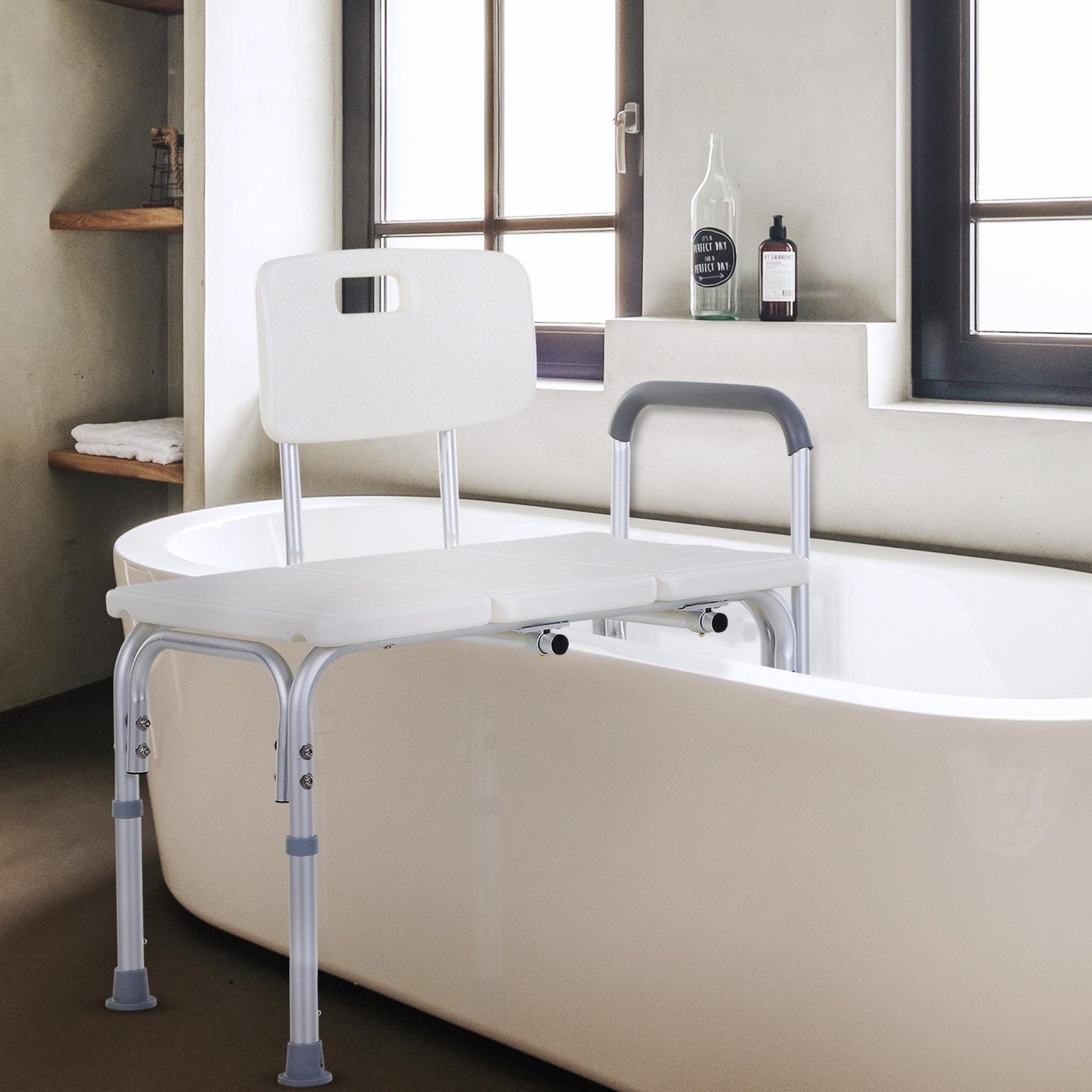 Non Slip Bath Transfer Bench for Elderly with Adjustable Height 300Lbs Capacity