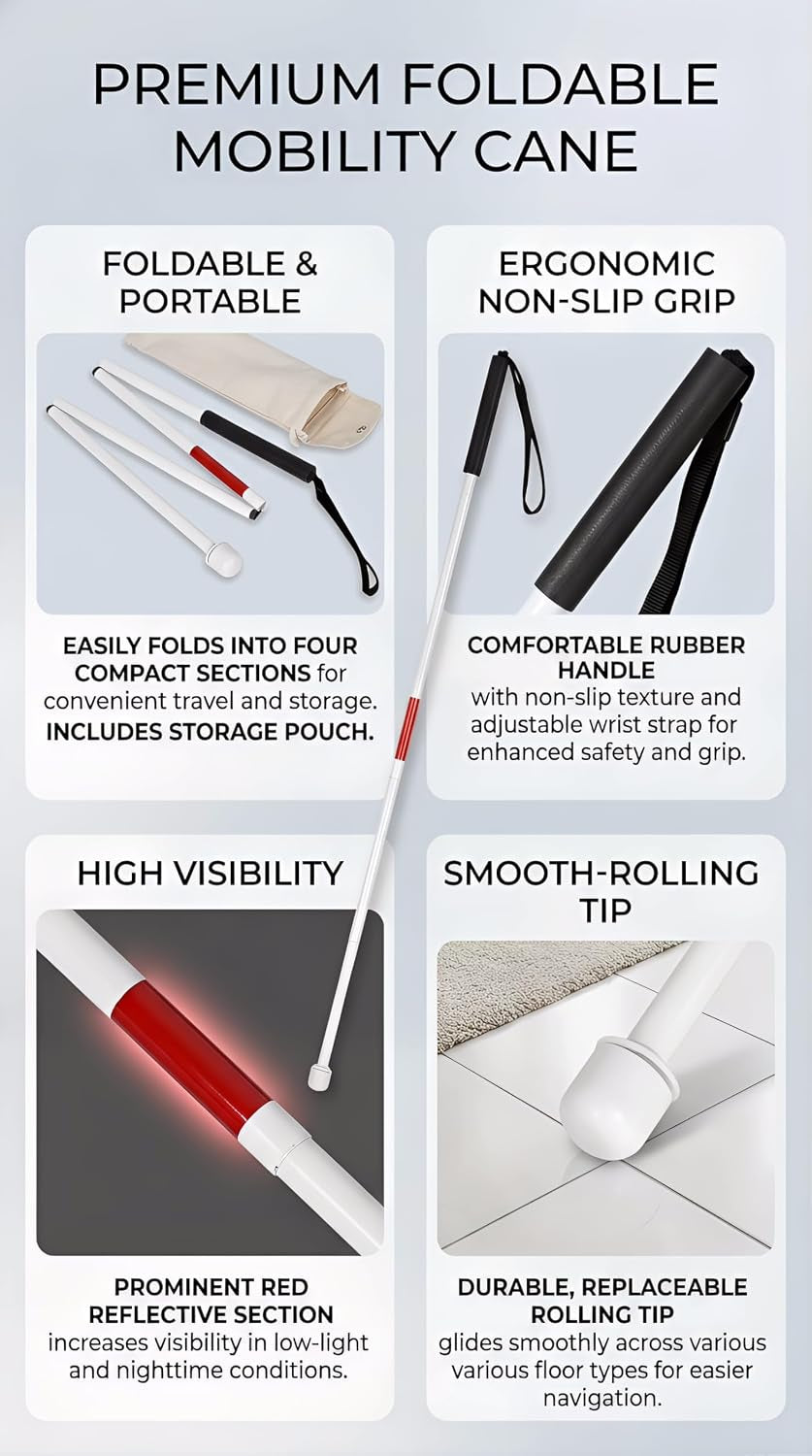 Folding Blind Cane, 127Cm / 50Inch Folding Walking Stick, Aluminium Alloy Walk Stick for Blind