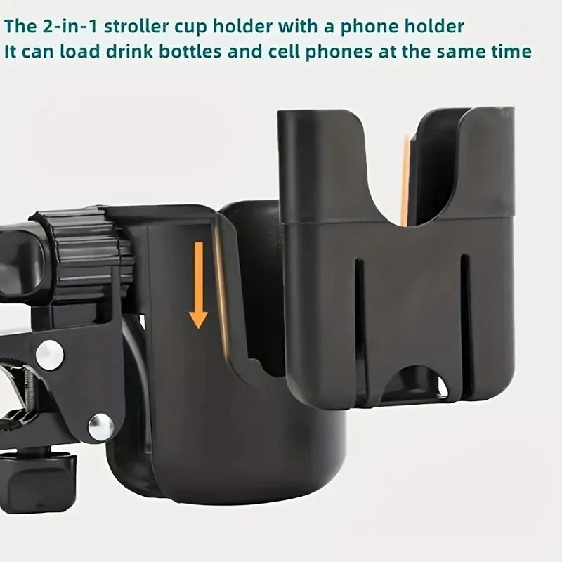2-In-1 Universal Stroller Water Cup Holder with Phone Holder, Universal Bottle Holder for Wheelchair Stroller Accessories