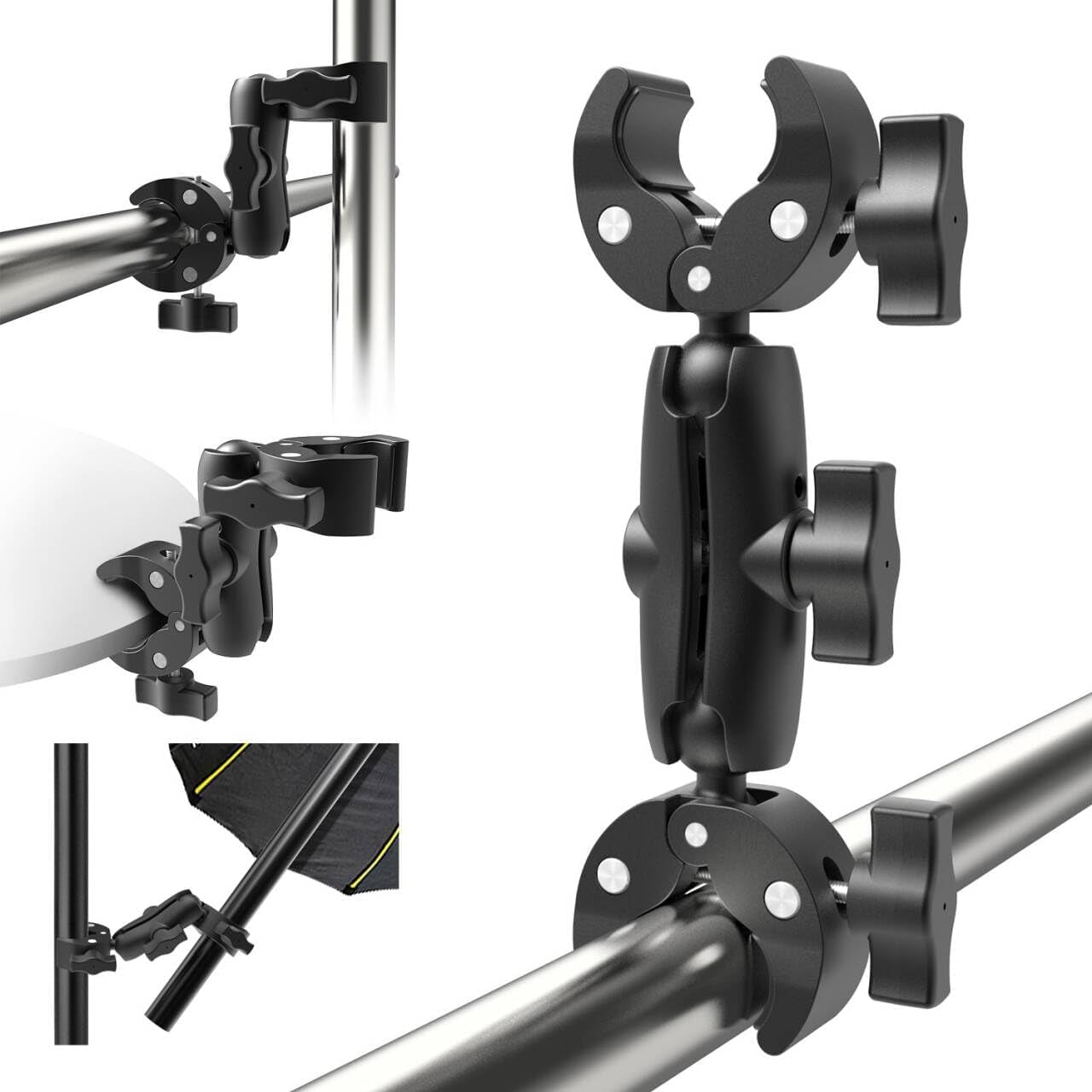 Taisioner Umbrella Holder Double Mount Clamp Bracket Monitor Magic Arm for Stroller,Wheelchair,Desk Photo Studio Light Stand,Photo Boom Stand,Cross Bars,Pole Stick Shoot Accessories Tools