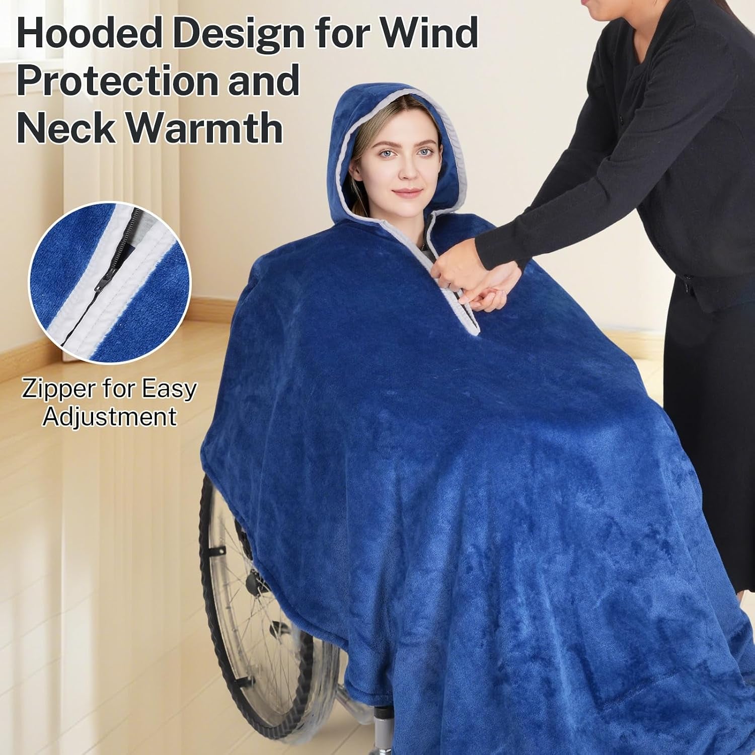 Wheelchair Windproof and Warmth，Hooded, Zipped with 2 Pockets, Double - Layer Soft Fleece,Soft & Skin - Friendly,Perfect for Keeping Wheelchair Users Cozy