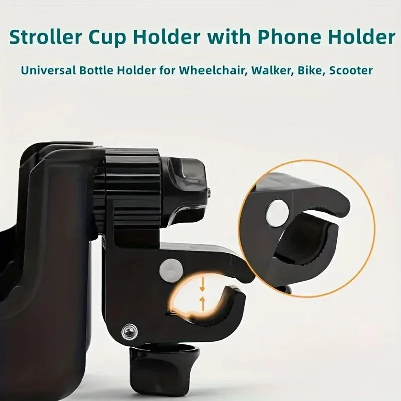 2-In-1 Universal Stroller Water Cup Holder with Phone Holder, Universal Bottle Holder for Wheelchair Stroller Accessories