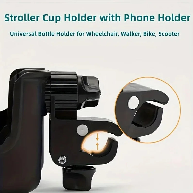 2-In-1 Universal Stroller Water Cup Holder with Phone Holder, Universal Bottle Holder for Wheelchair Stroller Accessories