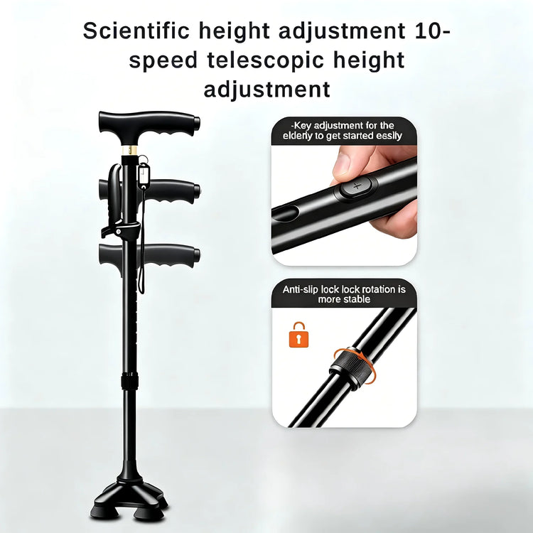 Walking Cane for Seniors - Adjustable Double Handle, 10-Height Quad Cane with Shock Absorption, Lightweight Mobility Aid