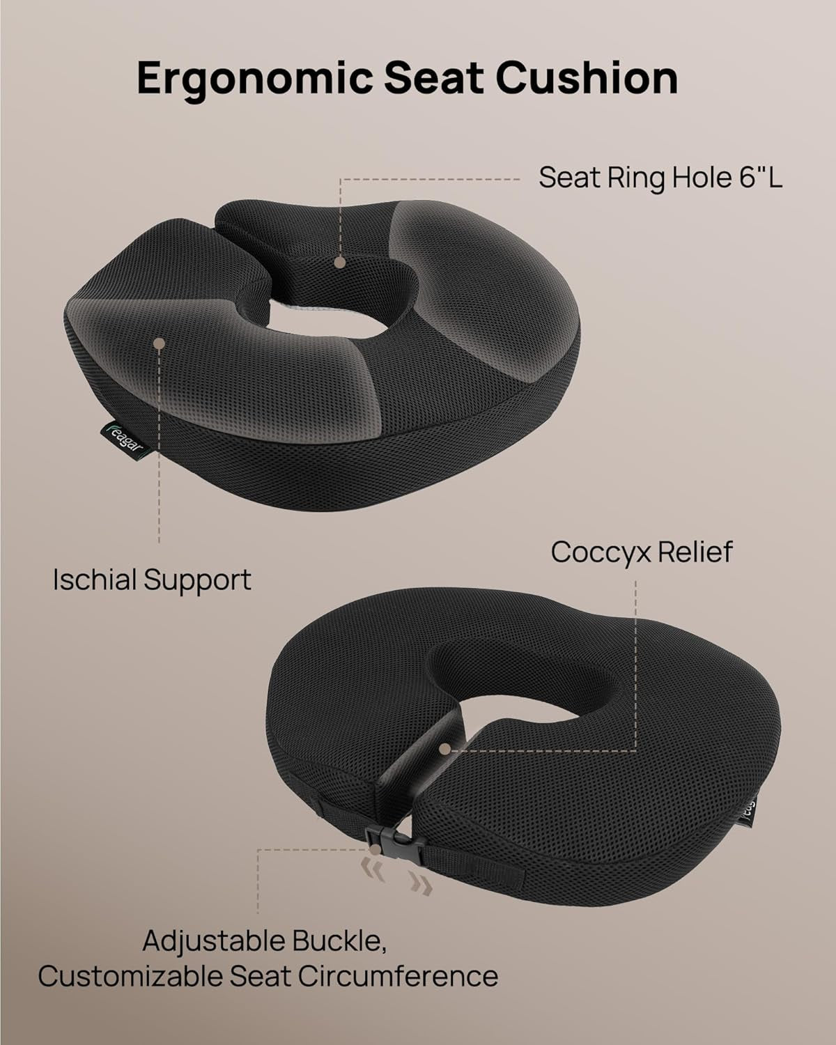 Donut Cushion with Adjustable Buckle, Hemorrhoid & Ring Cushion for Pressure Relief, Memory Foam Doughnut Cushion for Long Sitting, Coccyx & Tailbone Support for Office Chair, Wheelchair