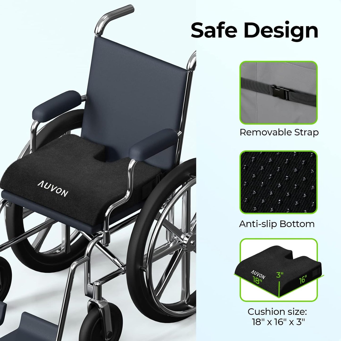 Wheelchair Seat Cushions for Sciatica, Back, Coccyx, Pressure Sore and Ulcer Pain Relief, Memory Foam Pressure Relief Cushion with Detachable Safety Strap, Breathable & Waterproof Fabric