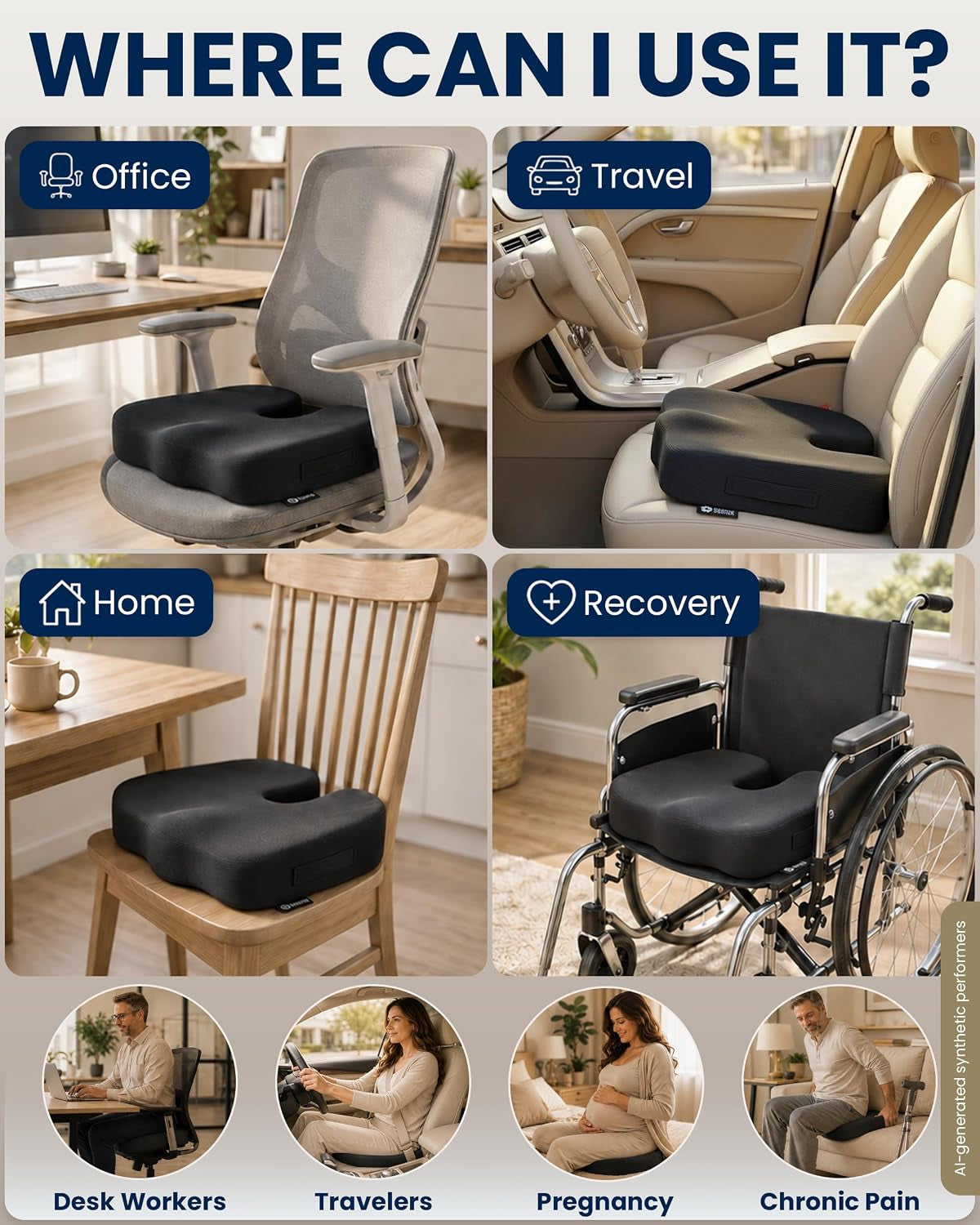 Ergonomic Seat Cushion – Memory Foam Comfort for Tailbone, Hip & Coccyx Sitting Support – Office Chair, Car, Desk, Wheelchair & Gaming – Black