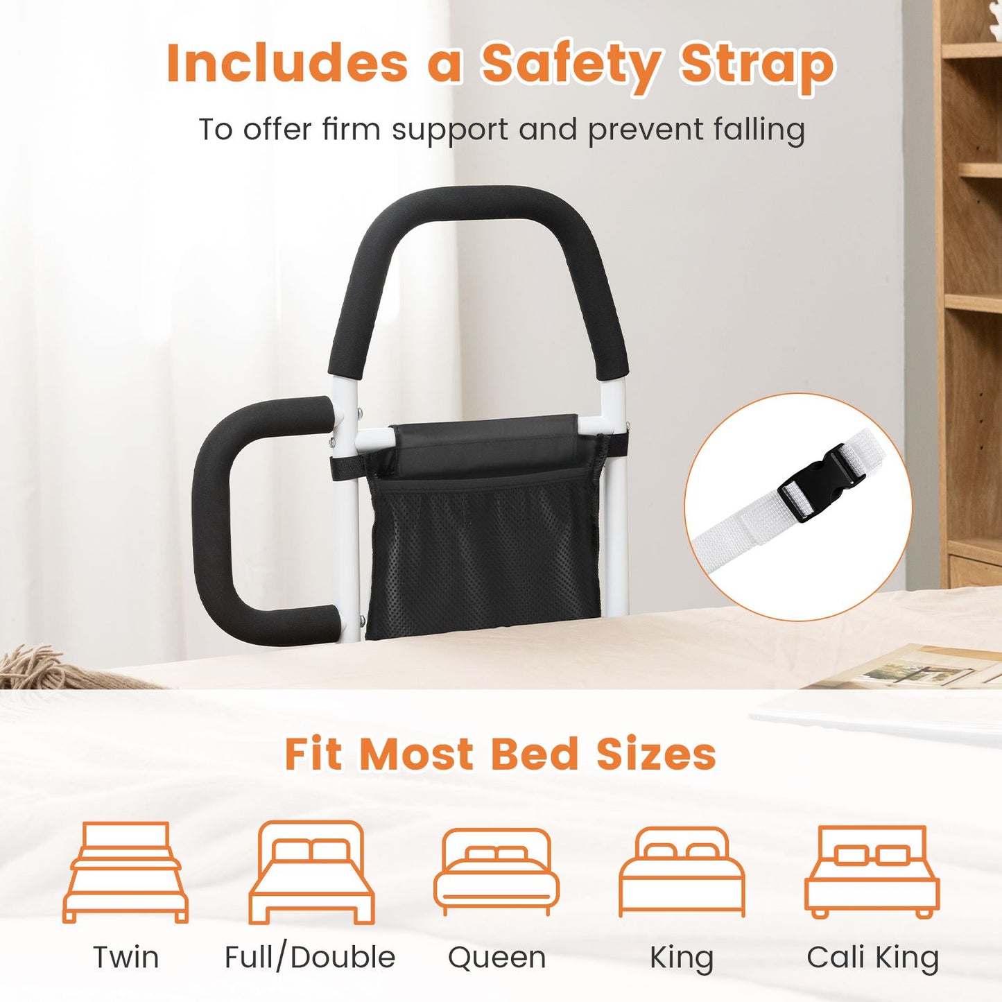 Bed Rail with Dual Handrail for Elderly Adults Support up to 300 LBS