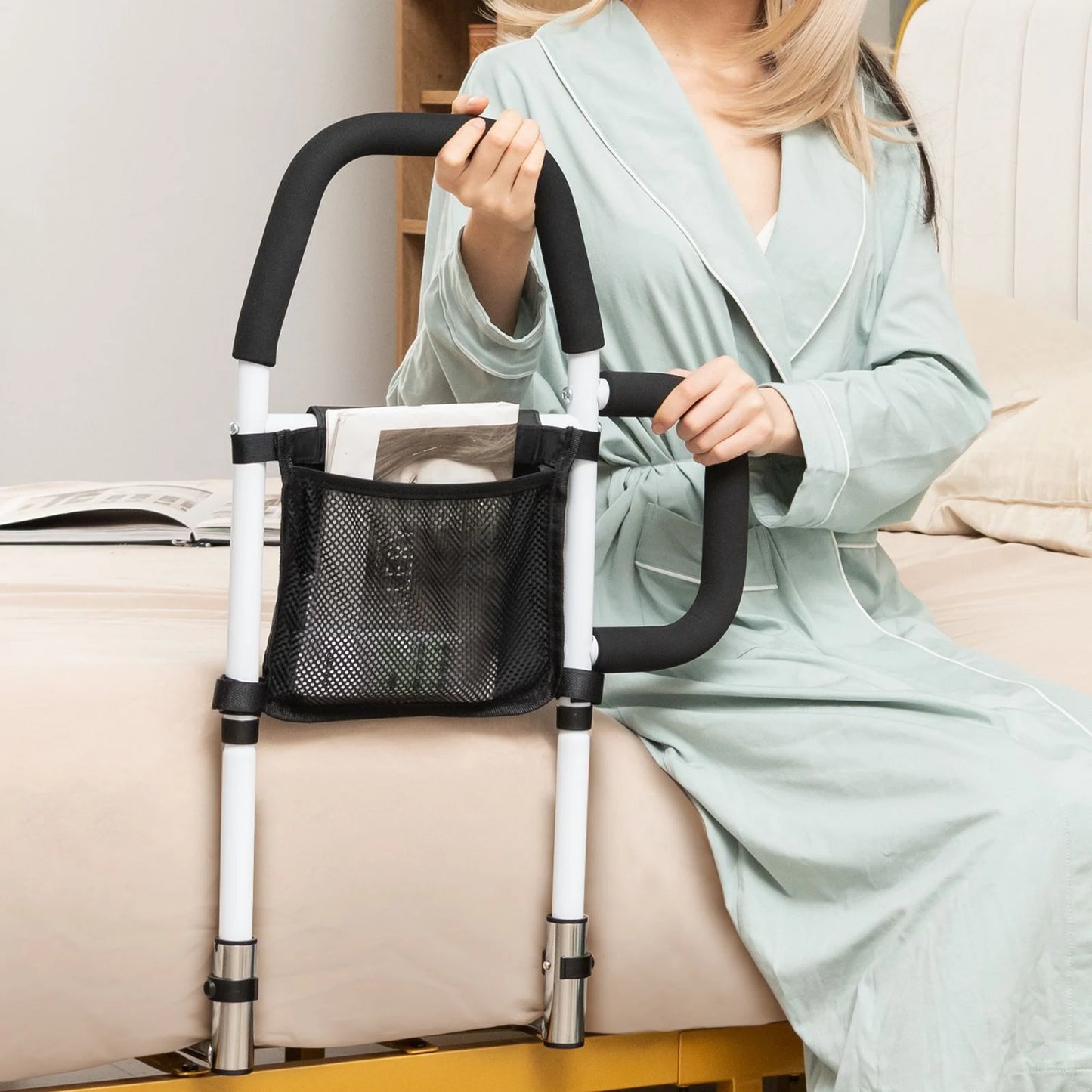 Bed Rail with Dual Handrail for Elderly Adults Support up to 300 LBS