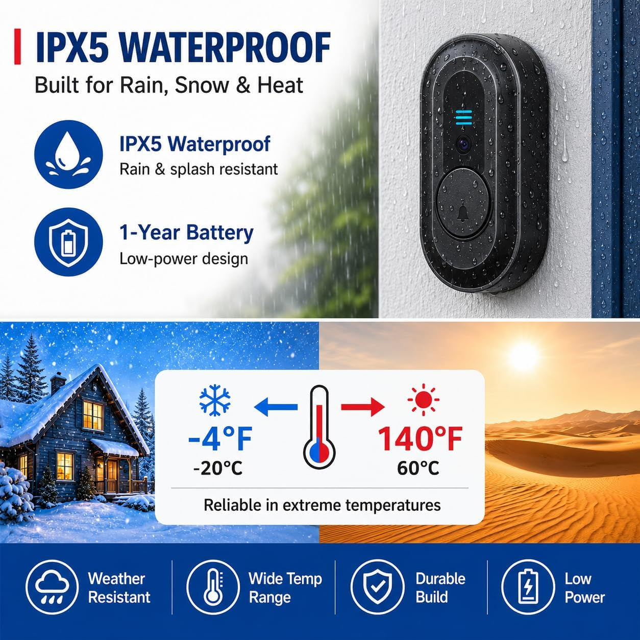 Flashing Doorbells for Deaf, 1000Ft Plug in Door Bell Wireless, Loud Doorbells with 5 Adjustable Volume, IPX5 Waterproof Button, Dual Sensory Alerts for Elderly/Seniors/Visually Impaired