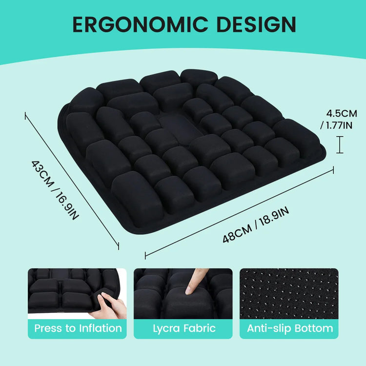 Seat cushion diagram showing dimensions of 48 × 43 × 4.5 cm, with inflation, fabric and underside close-ups