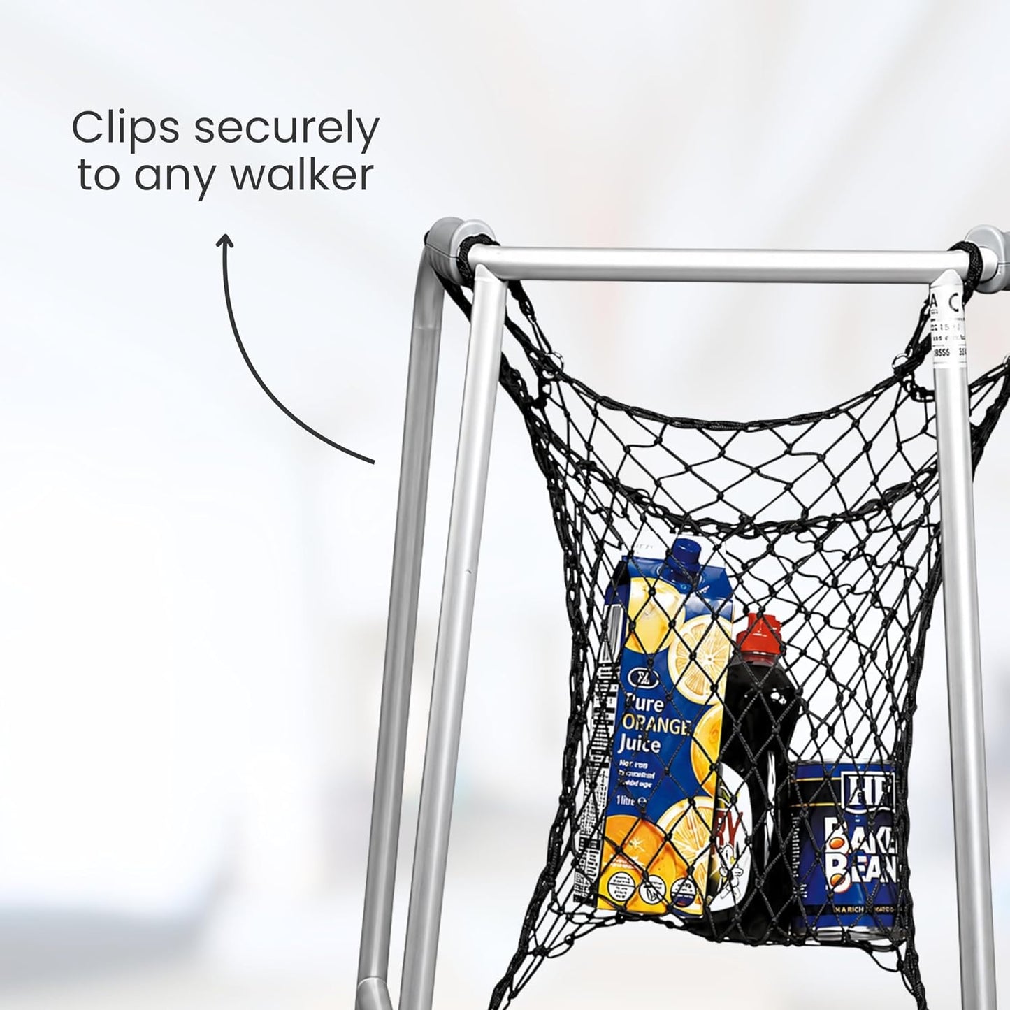 Net Bag for Walking Frames and Rollers, Large Easy Clip on Carrying Bag Attachment for Walkers, Mobility Aid for Elderly, Disabled and Handicapped Users